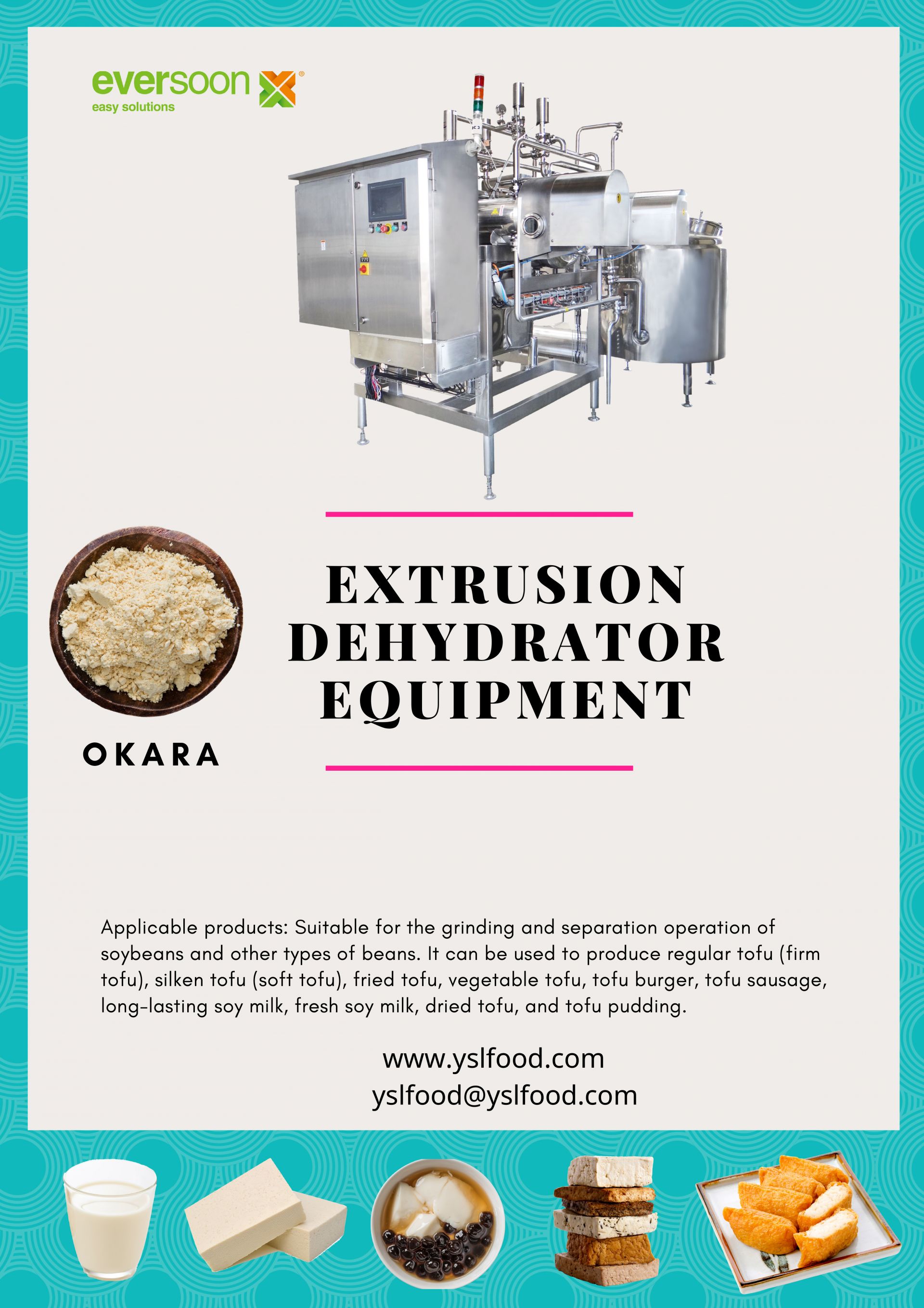 membuat tahu, membuat susu kedelai, Pengering Ekstrusi, susu kedelai dimasak pengering ekstrusi, memeras ampas tahu